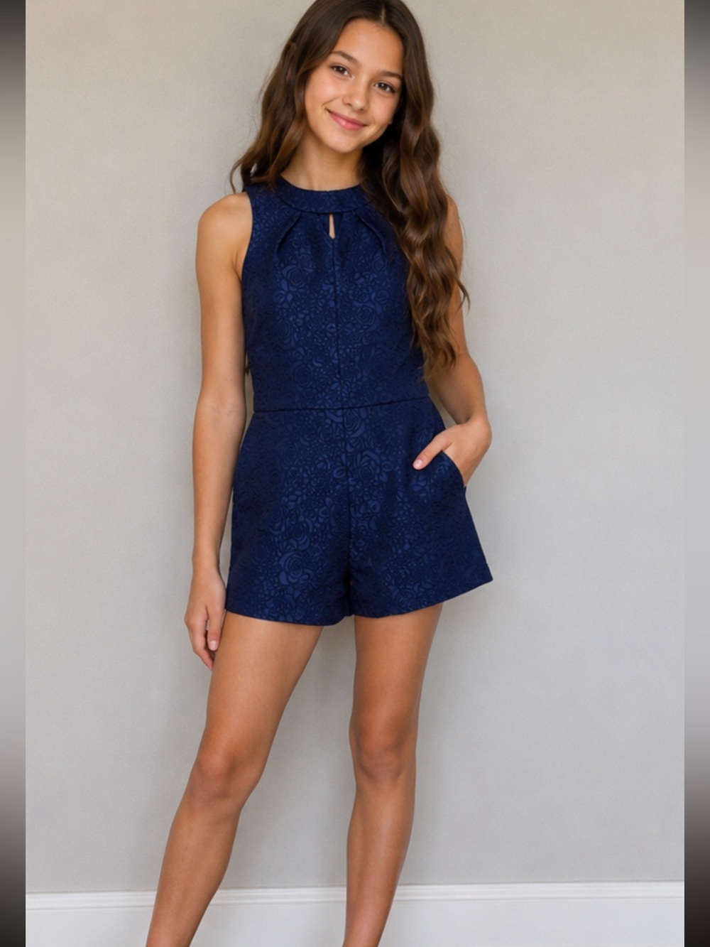 Navy Sleeveless Lace-Texture Romper